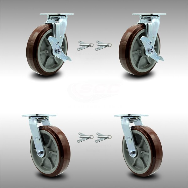 Service Caster 8 Inch SS Polyurethane Caster Set with Ball Bearings 4 Swivel Lock 2 Brake SCC SCC-SS30S820-PPUB-TLB-BSL-2-BSL-2 - main
